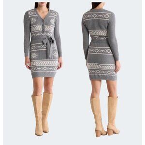 Lucky Brand Gray/White Belted Sweater Dress Nordic Pattern Size 1X